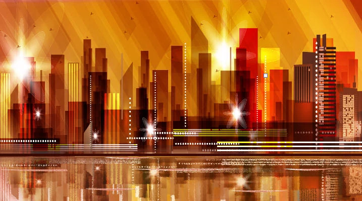 未来科技科幻霓虹灯渐变绚丽城市建筑夜景灯光插画AI/PSD设计素材100套【024】